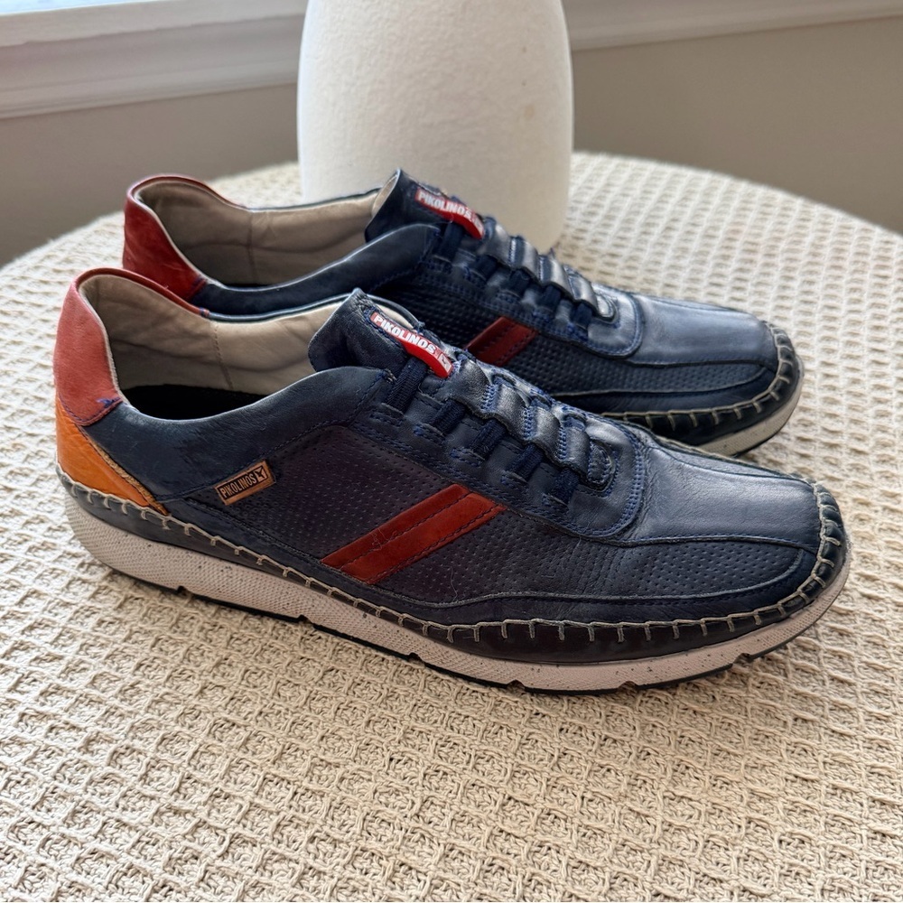 PIKOLINOS Men's Navy Leather Sneakers with Red & Orange Accents